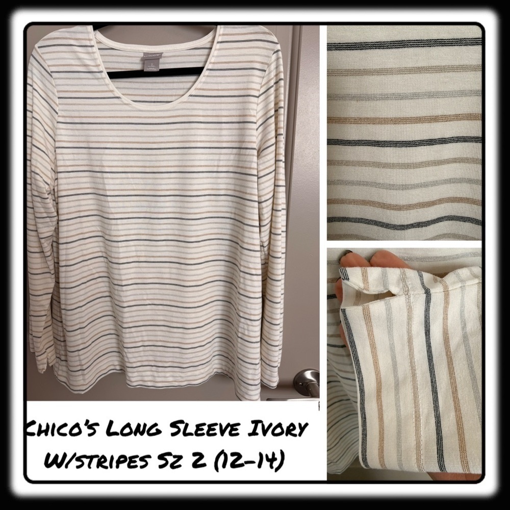 Chico’s lightweight tee ivory with gold, silver and hematite mini stripes
